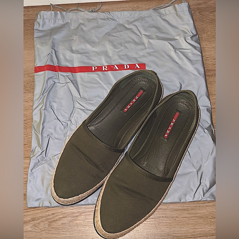 1 use Prada Espadrilles Olive Green Moccasin flats